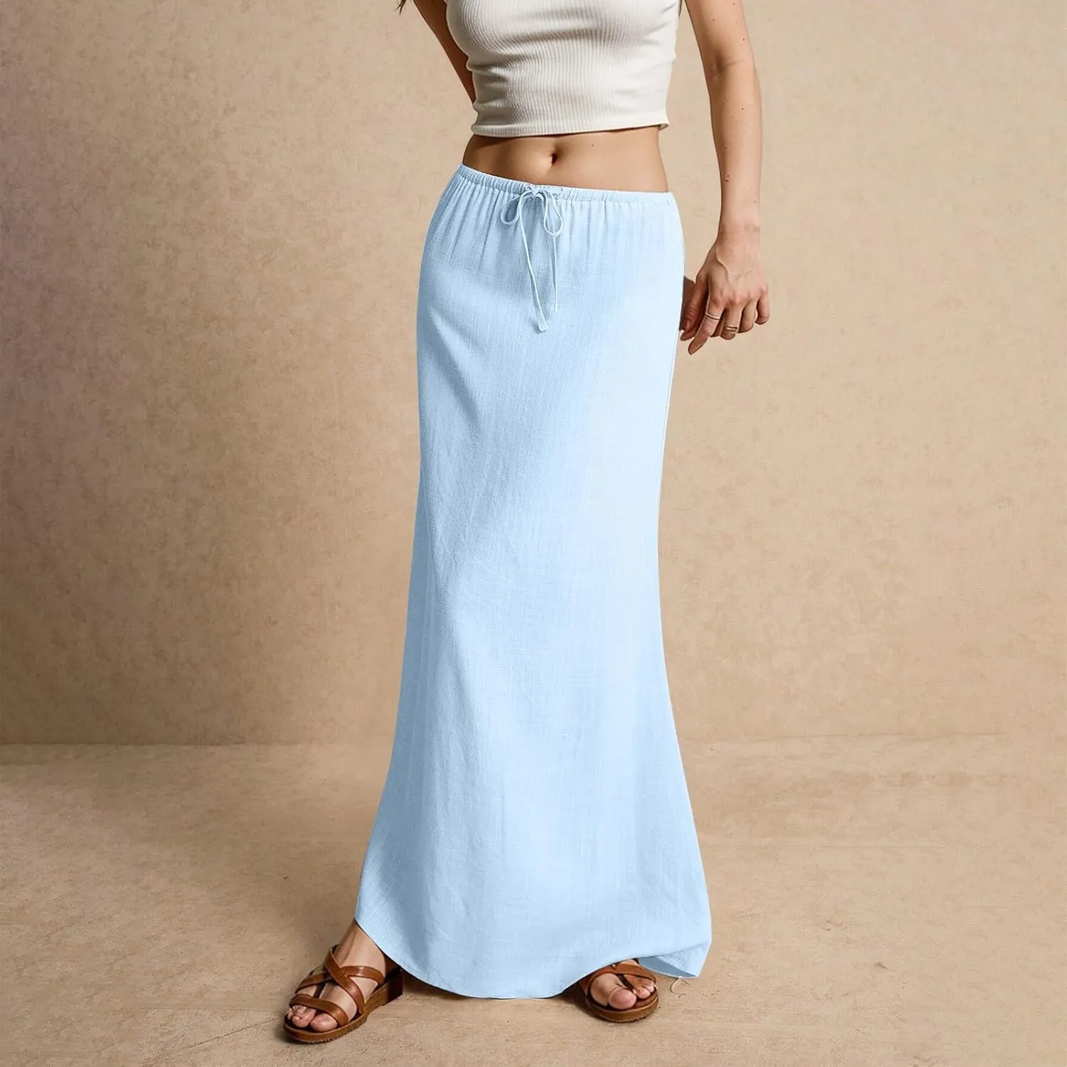 2025 Womens Boho Casual Tie Long Maxi Skirt Summer Low Waisted Casual Basic Warp Skirts for Beach Vacation Daily