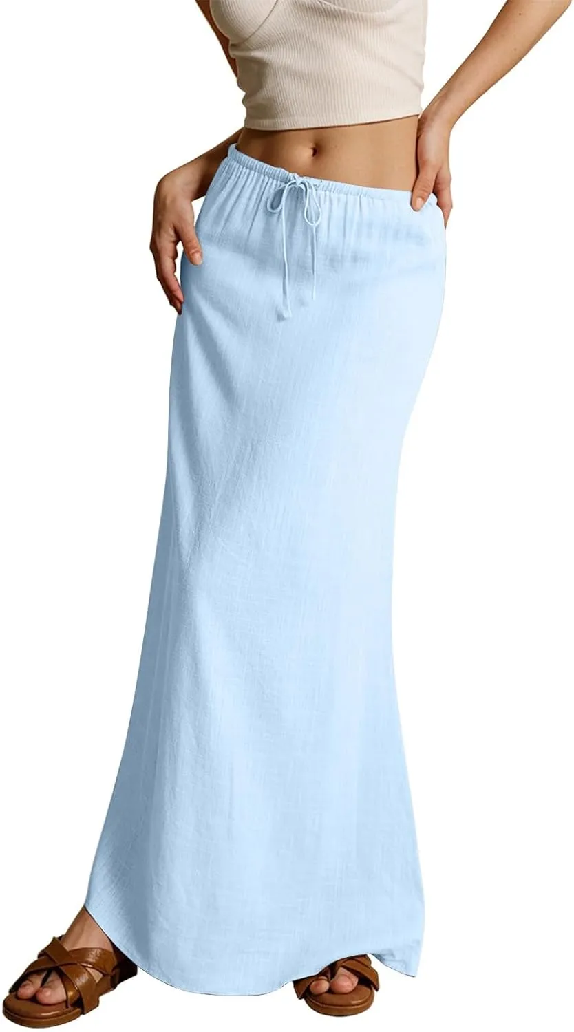 2025 Womens Boho Casual Tie Long Maxi Skirt Summer Low Waisted Casual Basic Warp Skirts for Beach Vacation Daily