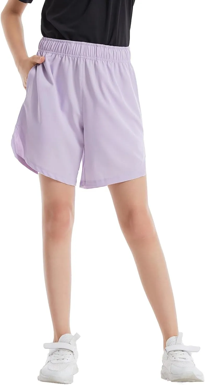 4 Packs Girls Athletic Shorts with Pockets Running Active Shorts Dry-Fit, Sports Workout Shorts for Kids Teens