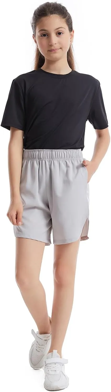 4 Packs Girls Athletic Shorts with Pockets Running Active Shorts Dry-Fit, Sports Workout Shorts for Kids Teens