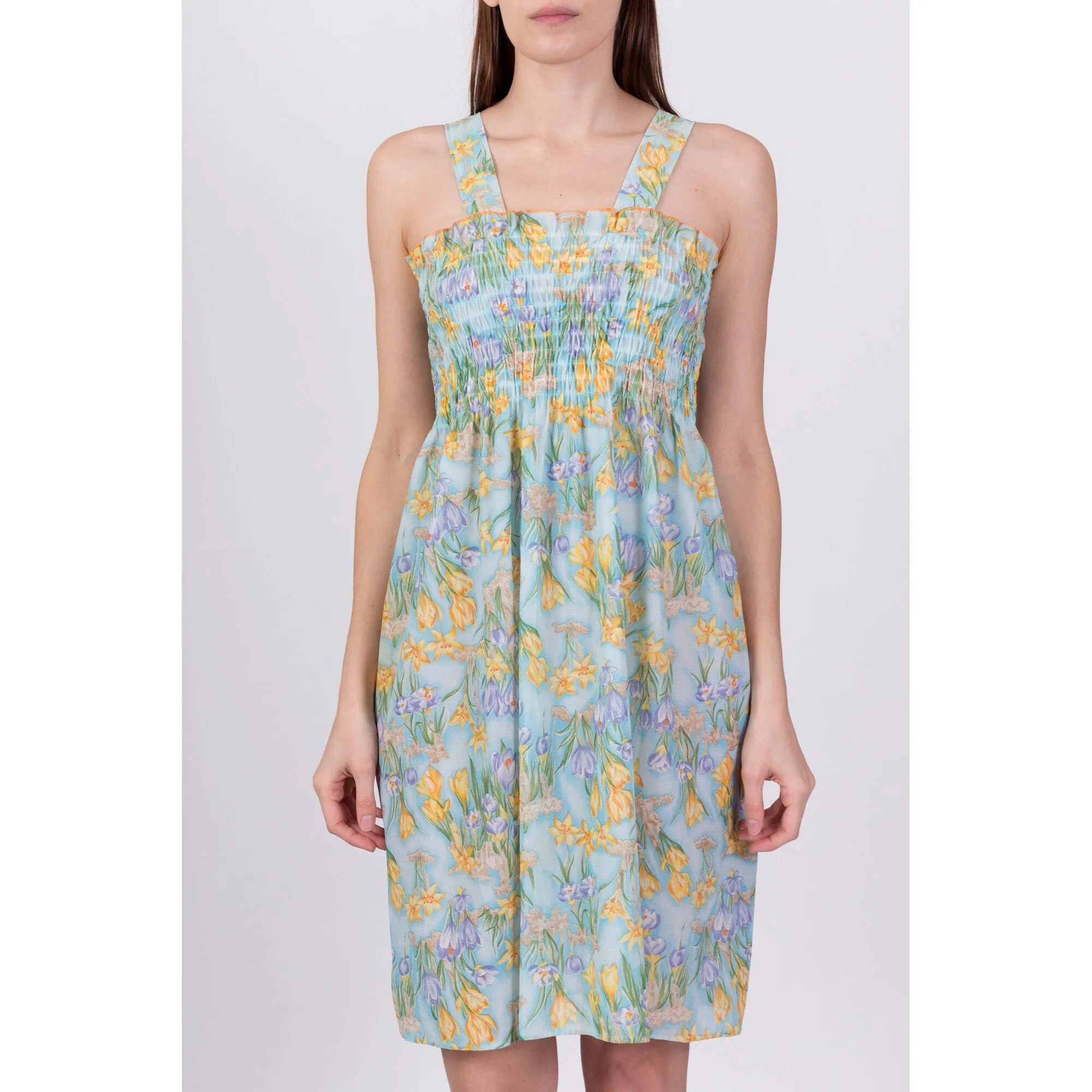 70s Sheer Blue Floral Sundress - Small