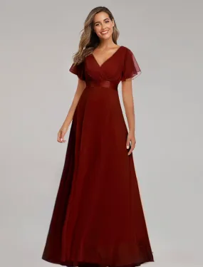 A-Line Prom Dresses Maxi Dress Graduation Floor Length Short Sleeve V Neck Chiffon V Back with Ruched Ruffles