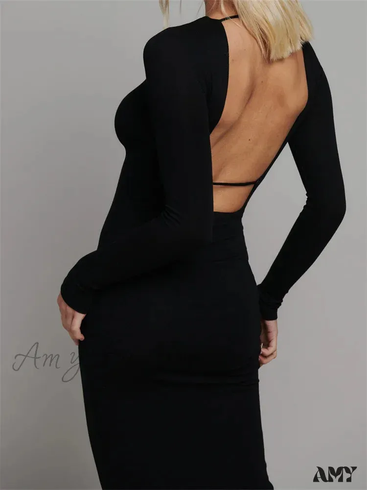 Amy Fashion - Round Neck Hollow Out  Party Clubwear for Women Backless  Sleeve Solid Color Slim Fit Vestidos