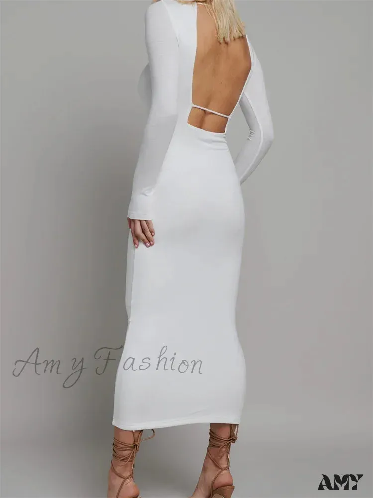 Amy Fashion - Round Neck Hollow Out  Party Clubwear for Women Backless  Sleeve Solid Color Slim Fit Vestidos
