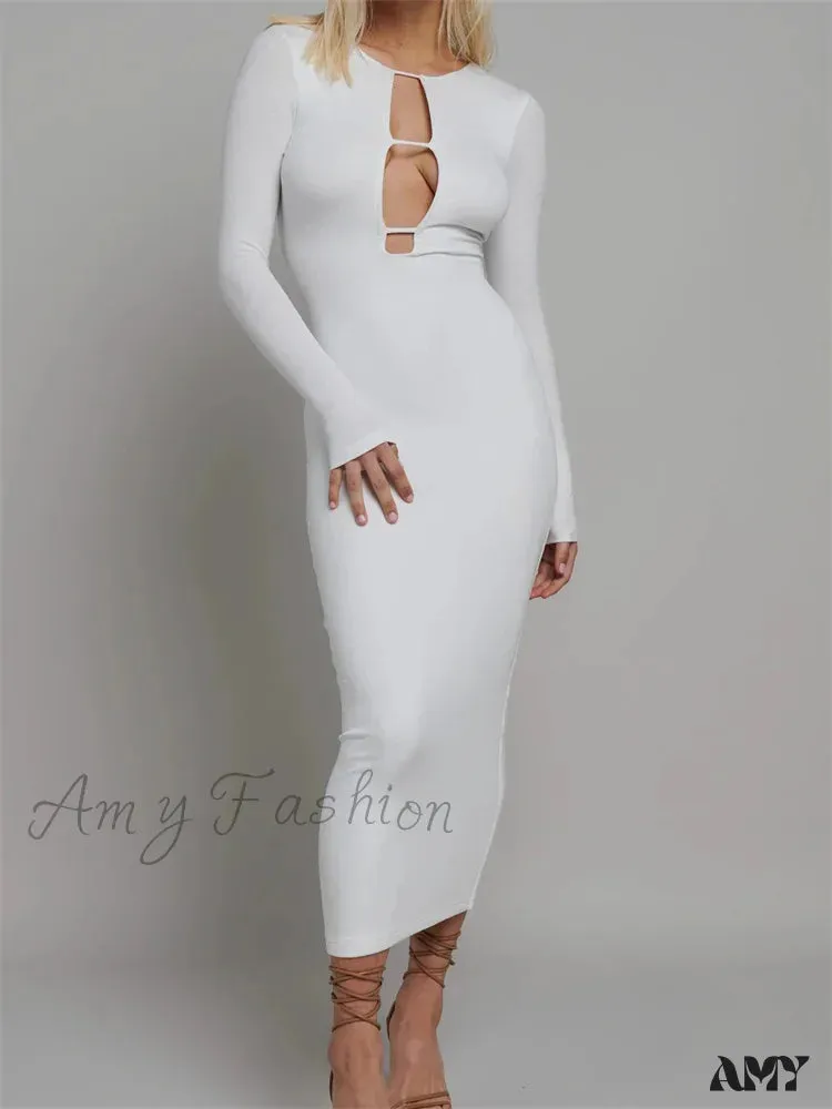 Amy Fashion - Round Neck Hollow Out  Party Clubwear for Women Backless  Sleeve Solid Color Slim Fit Vestidos