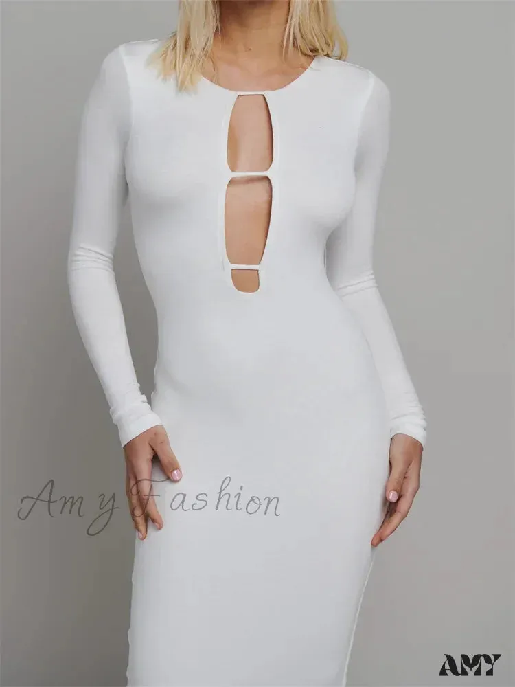 Amy Fashion - Round Neck Hollow Out  Party Clubwear for Women Backless  Sleeve Solid Color Slim Fit Vestidos