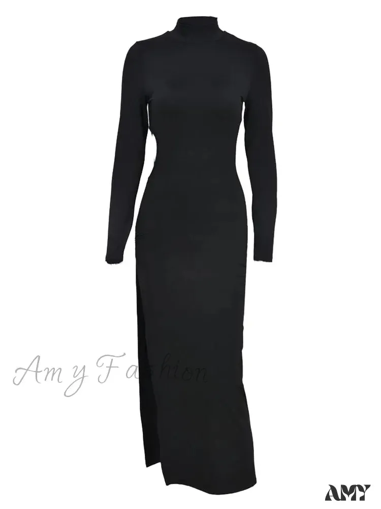 Amy Fashion - Sexy Women High Split   Sleeve High Neck Solid Evening  Side Cutout Bodycon Female Vestidos