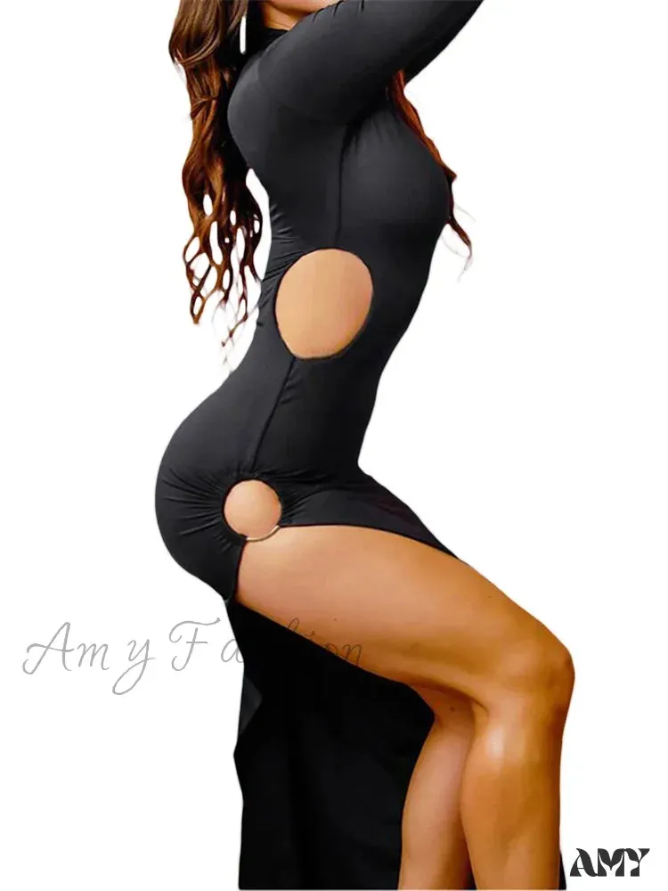 Amy Fashion - Sexy Women High Split   Sleeve High Neck Solid Evening  Side Cutout Bodycon Female Vestidos