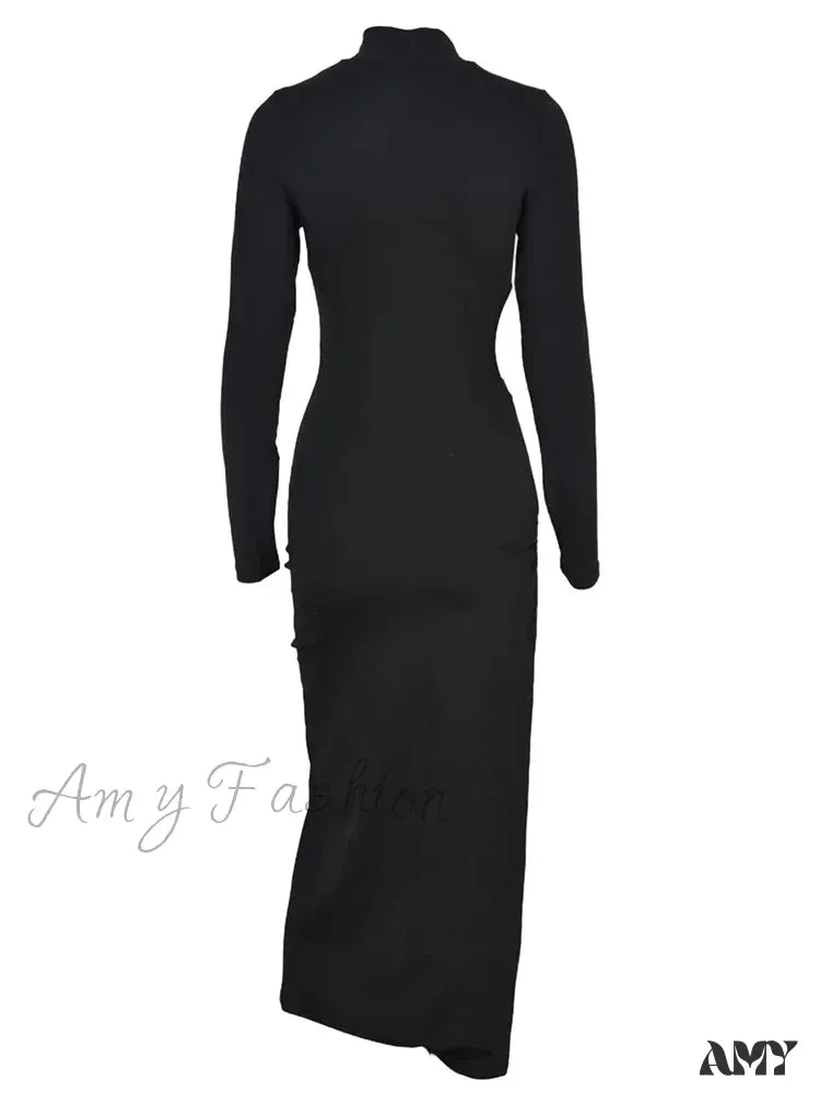 Amy Fashion - Sexy Women High Split   Sleeve High Neck Solid Evening  Side Cutout Bodycon Female Vestidos