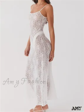 Amy Fashion - Sexy Women Lace Floral  Sexy Mesh See Through Summer Sleeveless Strap White Beach Female Vestido