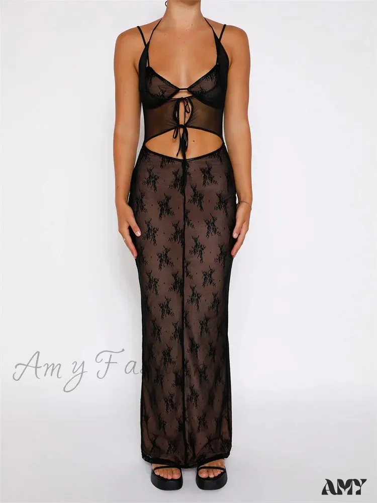 Amy Fashion - Sexy Women Lace Sleeveless Strap Sling Party Club Mesh See Through Hollow Out Slim Fit  Vestidos