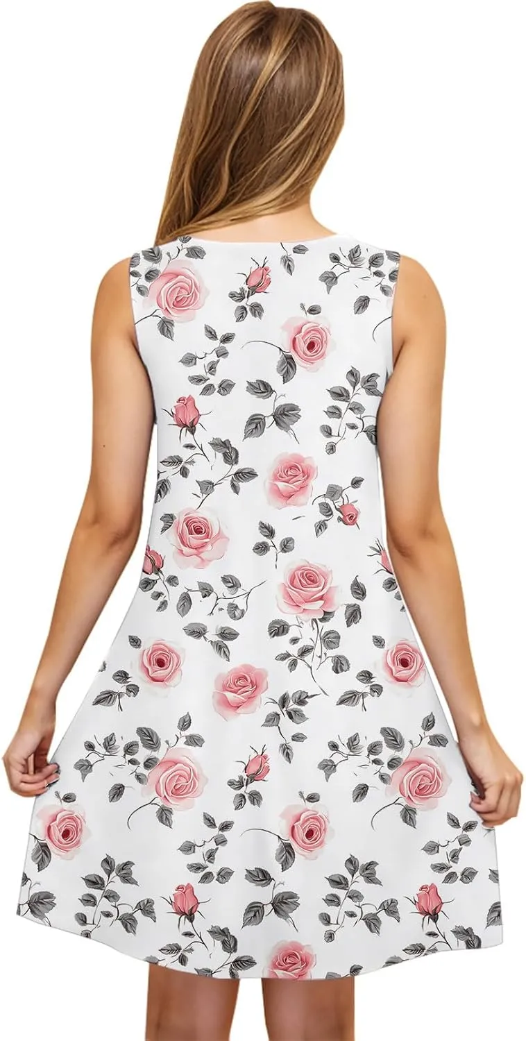 Beach Dresses for Women Trendy Swimsuit Cover Ups Sleeveless Vacation Dresses Floral Swing Mini Dress