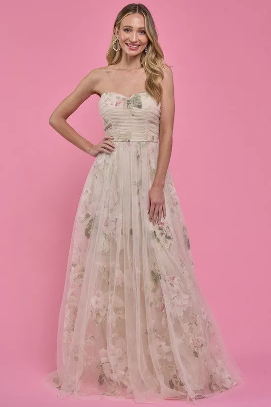 Beige Bestseller Organza Floral Gown