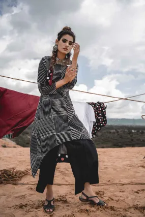Black Block Printed Cotton High Low Kurta With Palazzo - Set Of 2