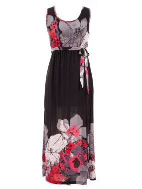 Black Floral Print Sleeveless Maxi Sun Dress Size Medium