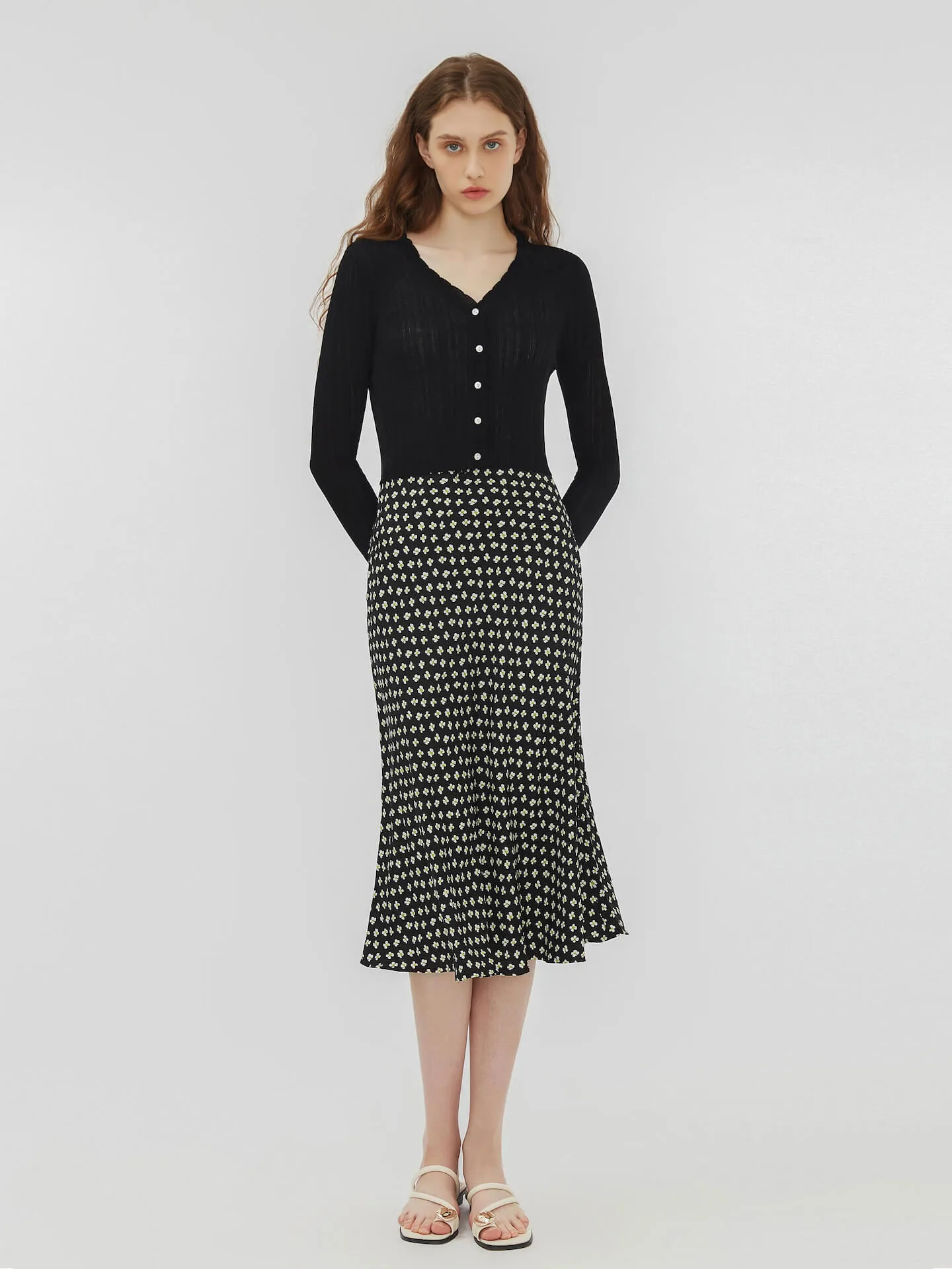 Black Printed Flowy Midi Skirt