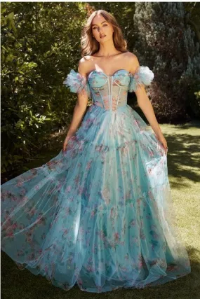 Blue Floral Printed Ball Gown