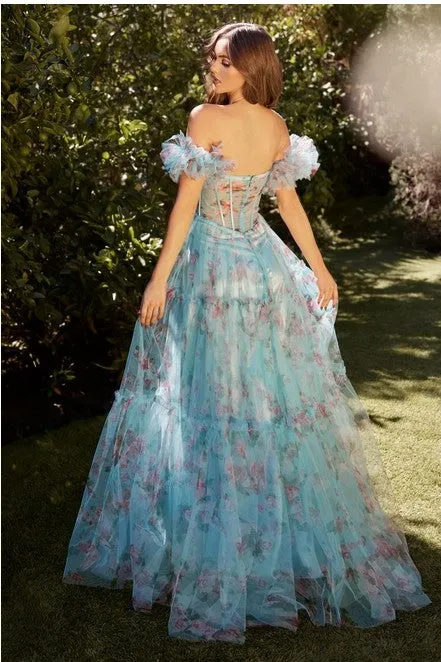 Blue Floral Printed Ball Gown