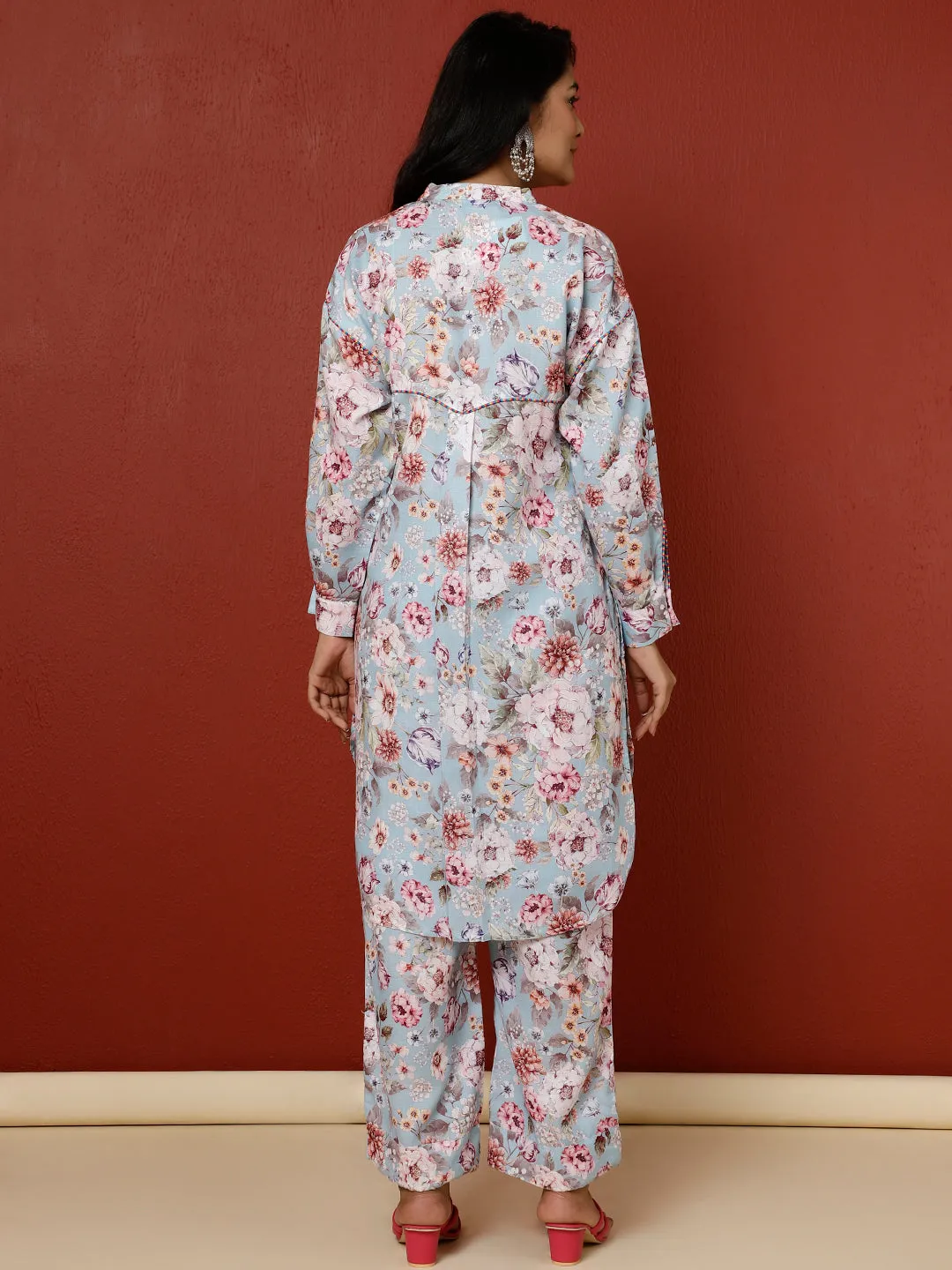 Blue Floral Printed Kurta With Palazzo Co-ord Set