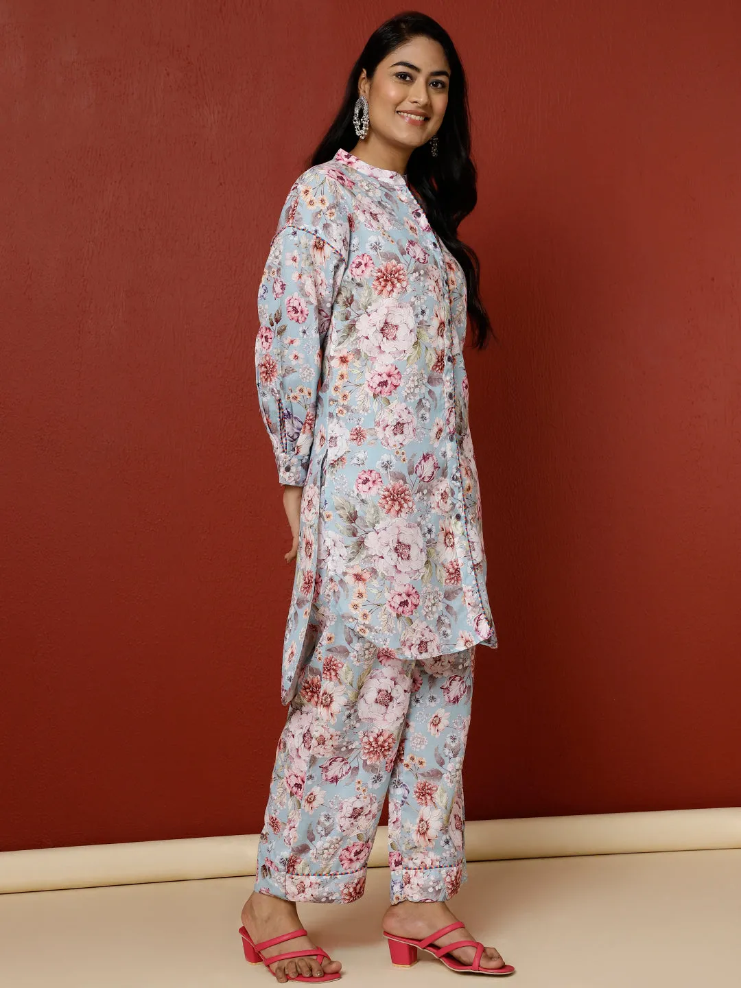 Blue Floral Printed Kurta With Palazzo Co-ord Set