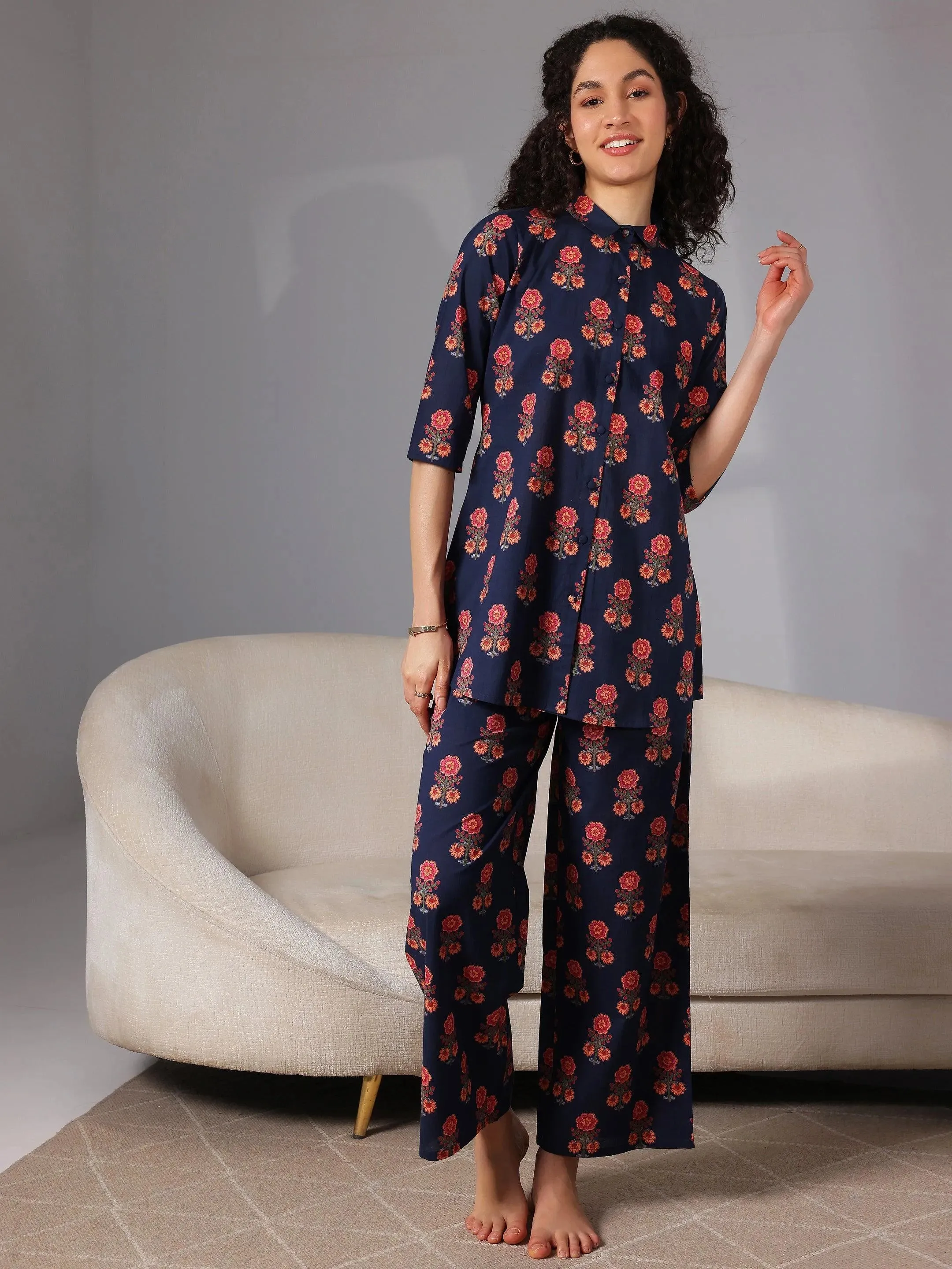 Blue Printed Cotton Night Suits
