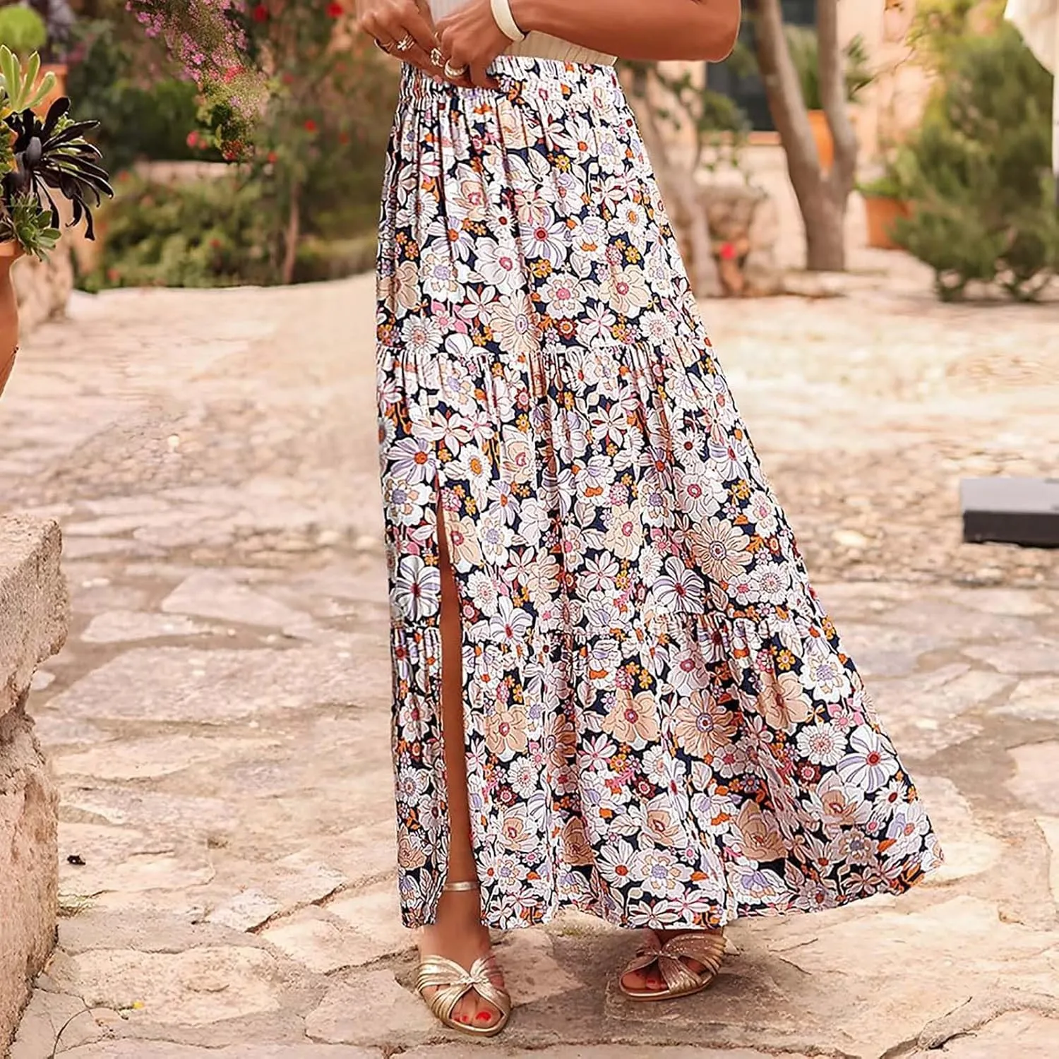 Bohemian Floral Skirts for Women High Waist Pleated Beach Skirt Trendy Ladies Boho Vacation Skirts with Slit