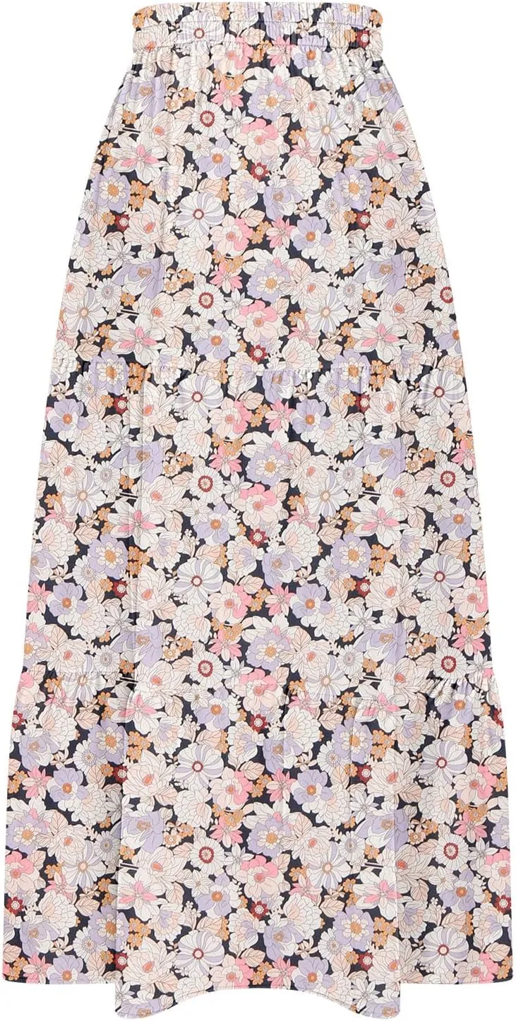 Bohemian Floral Skirts for Women High Waist Pleated Beach Skirt Trendy Ladies Boho Vacation Skirts with Slit