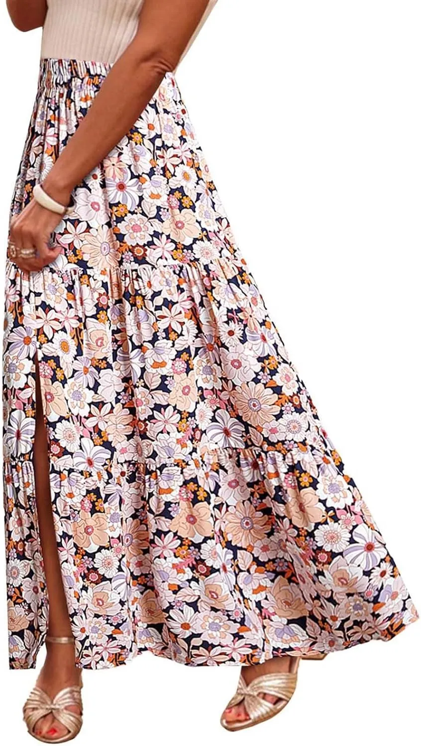 Bohemian Floral Skirts for Women High Waist Pleated Beach Skirt Trendy Ladies Boho Vacation Skirts with Slit
