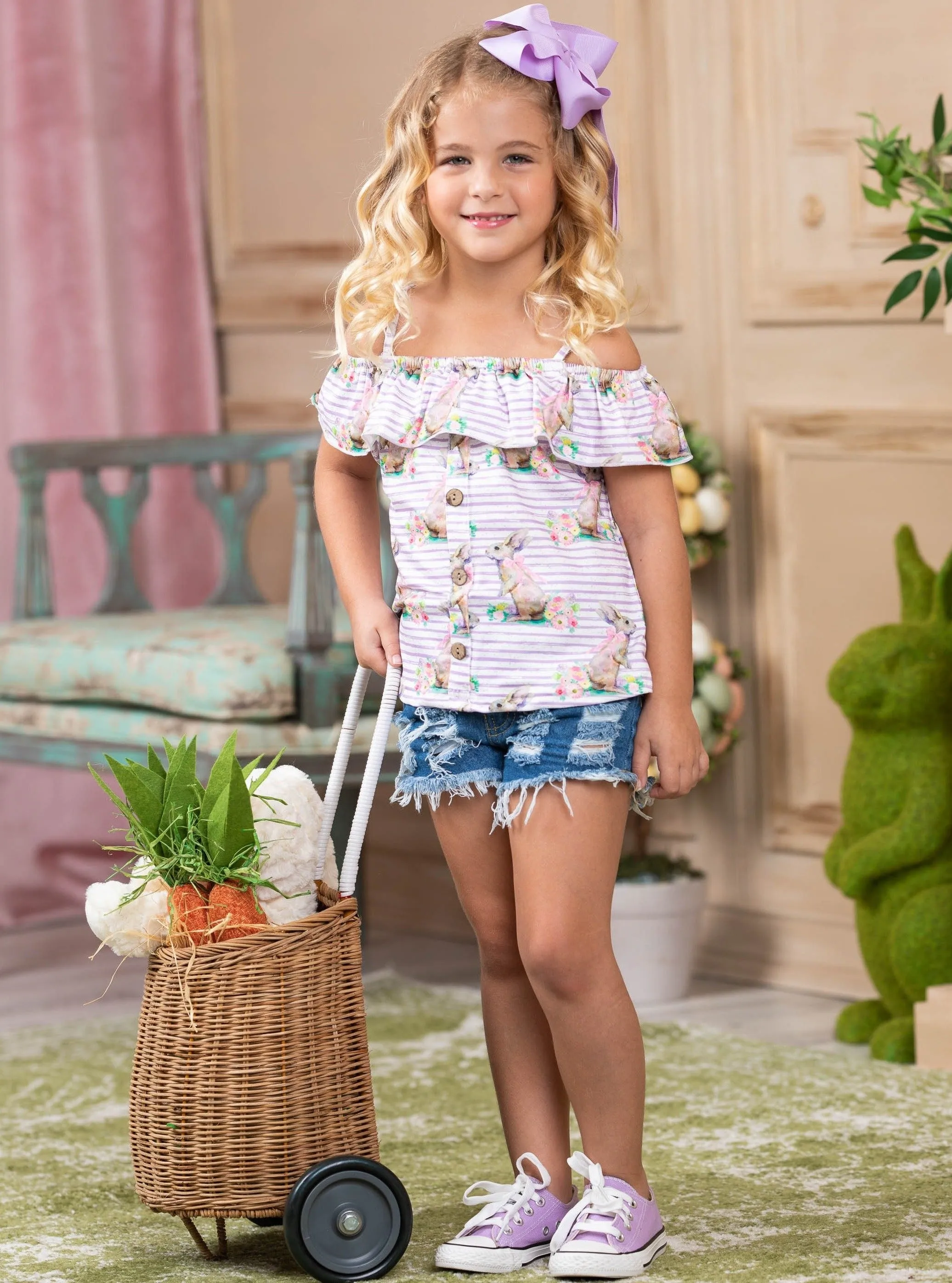Bunnies, Bows, and Blooms Denim Shorts Set