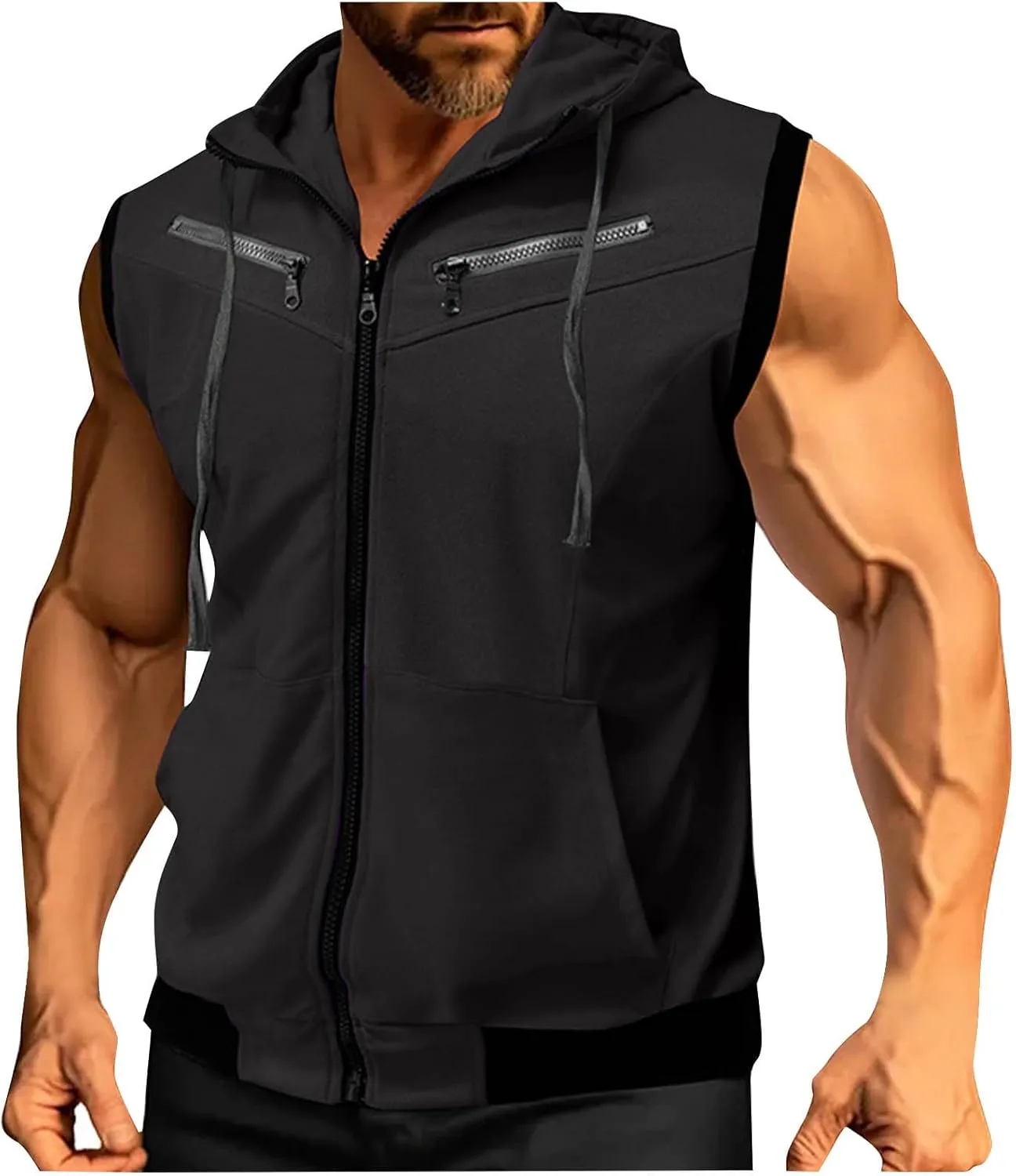 Cambkatl Men's Summer Full Zip Sleeveless Hoodie Lightweight Casual Beach Workout Tank Top with Pockets