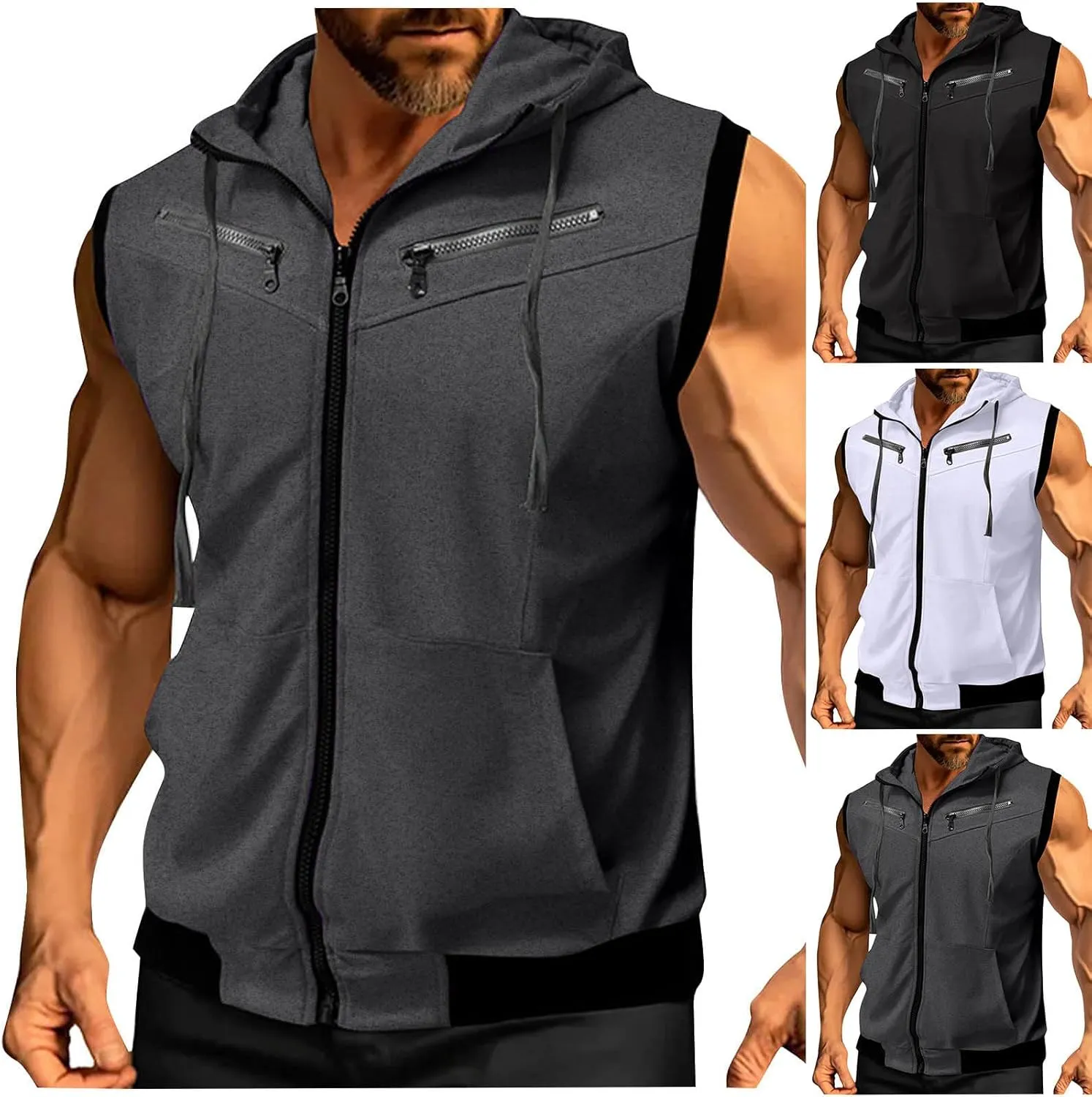 Cambkatl Men's Summer Full Zip Sleeveless Hoodie Lightweight Casual Beach Workout Tank Top with Pockets