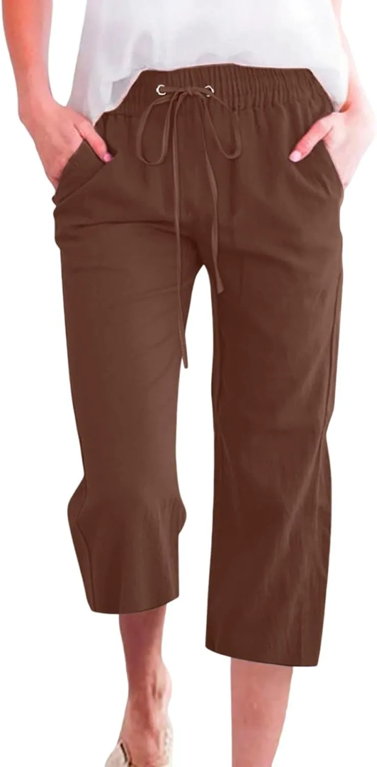 Capri Pants for Women Casual Summer High Waisted Wide Leg Linen Pants 2025 Cotton Comfy Loose Capris with Pockets