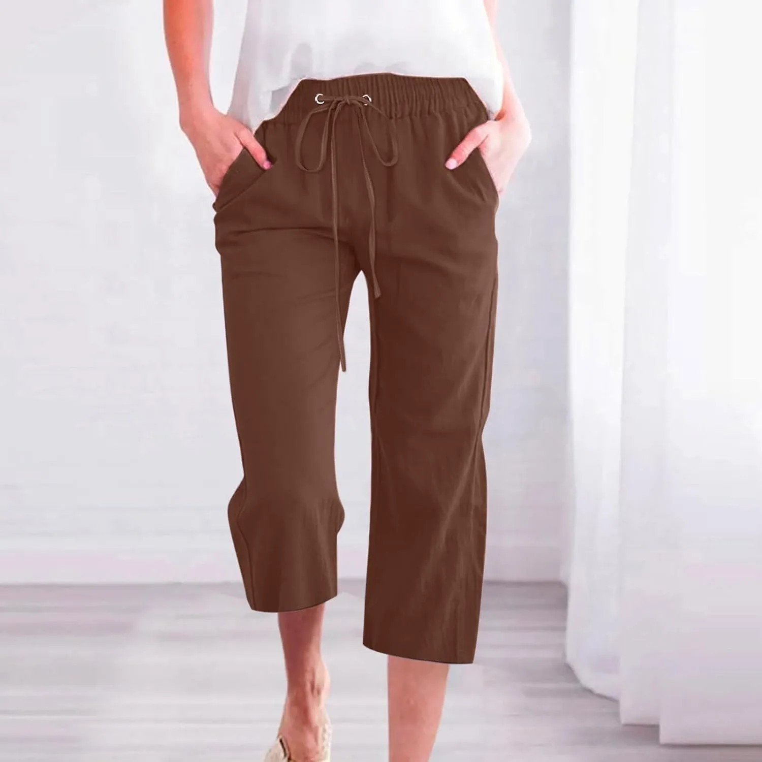Capri Pants for Women Casual Summer High Waisted Wide Leg Linen Pants 2025 Cotton Comfy Loose Capris with Pockets