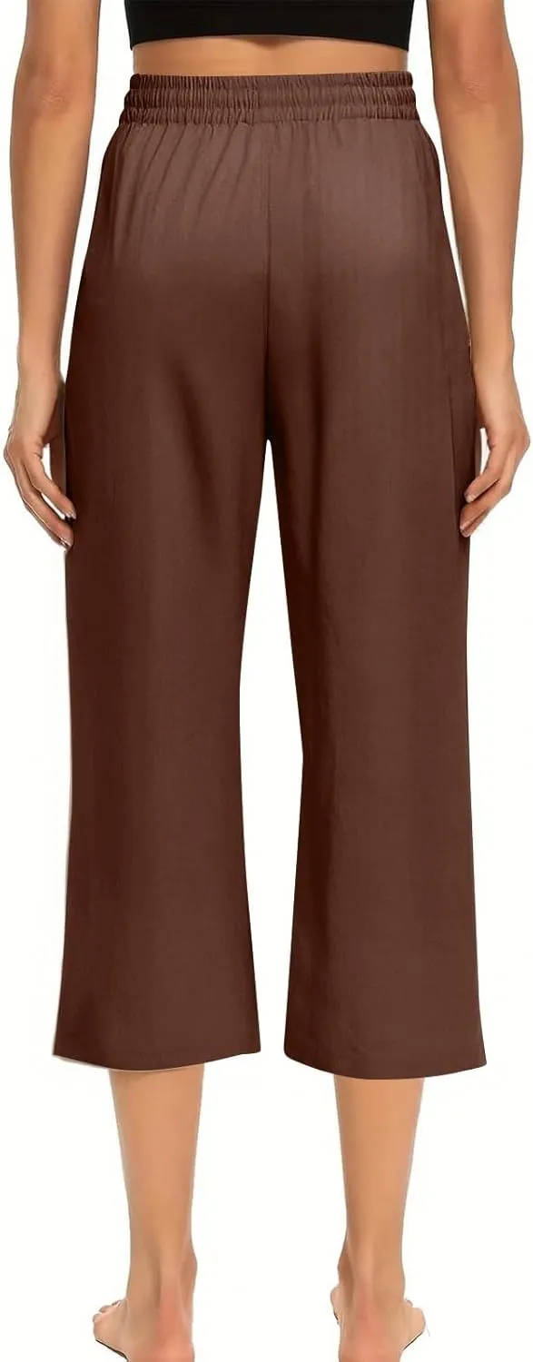 Capri Pants for Women Casual Summer High Waisted Wide Leg Linen Pants 2025 Cotton Comfy Loose Capris with Pockets