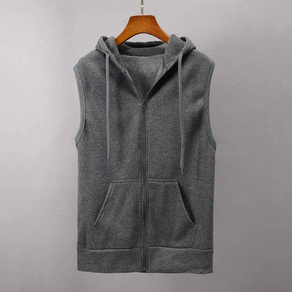 Casual Solid Sleeveless Hooded Jackets for Men Full Zip Up Lightweight Hoodies Sweatshirt Workout Gym Vest Tops with Pockets
