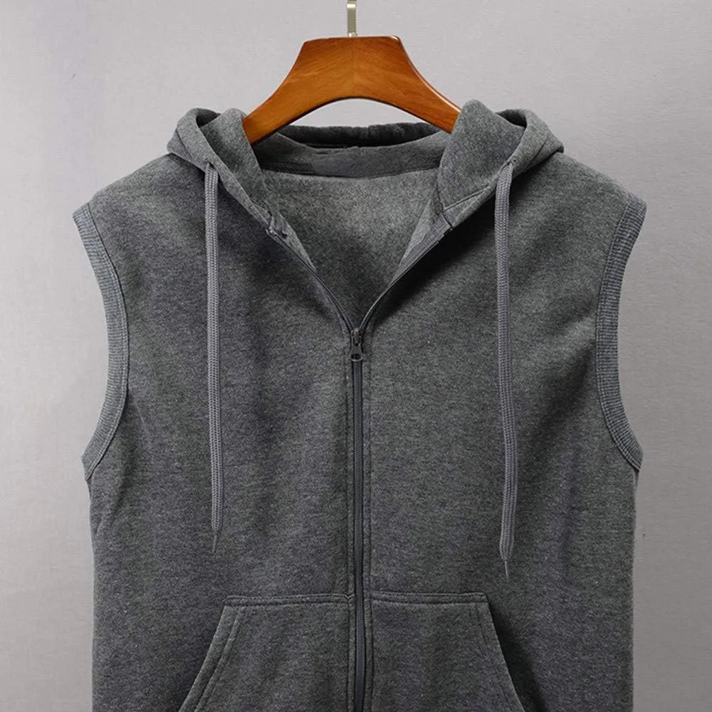 Casual Solid Sleeveless Hooded Jackets for Men Full Zip Up Lightweight Hoodies Sweatshirt Workout Gym Vest Tops with Pockets