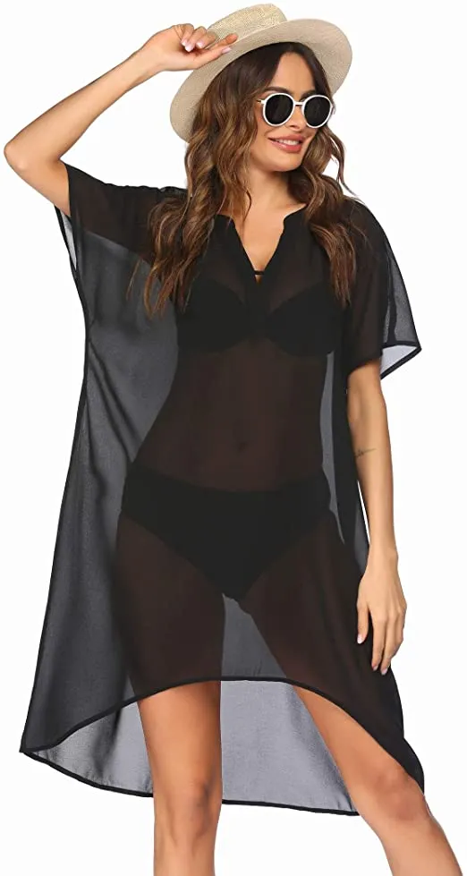 Chiffon White Mesh V Neck Hi Lo Swimwear Cover Up
