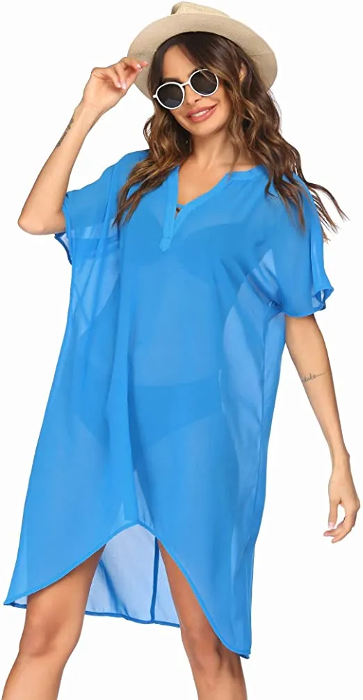 Chiffon White Mesh V Neck Hi Lo Swimwear Cover Up