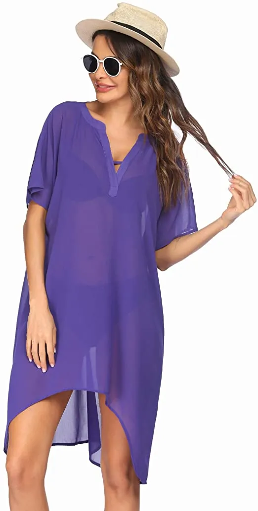 Chiffon White Mesh V Neck Hi Lo Swimwear Cover Up