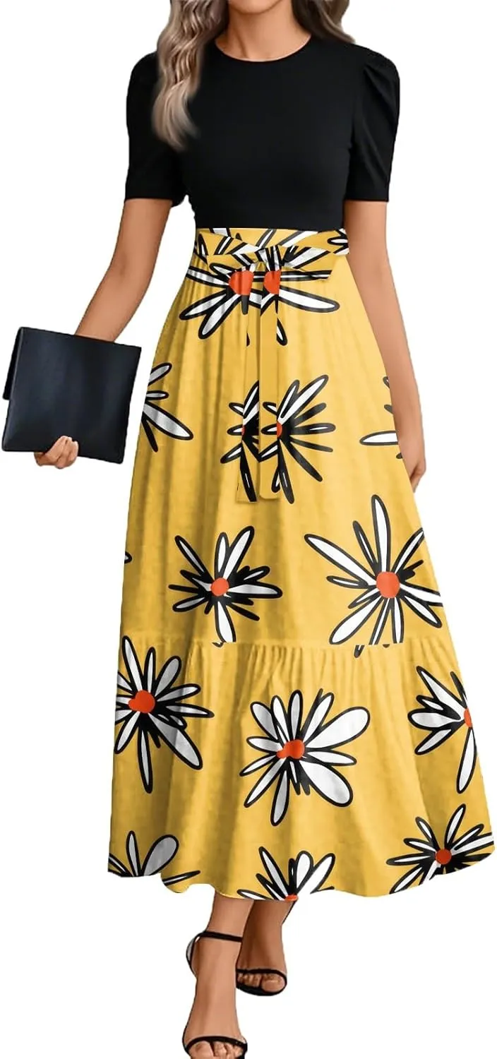 Church Dresses for Women Summer Short Sleeve Floral Long Dress Elegant Party Cocktail A Line Flowy Maxi Dress