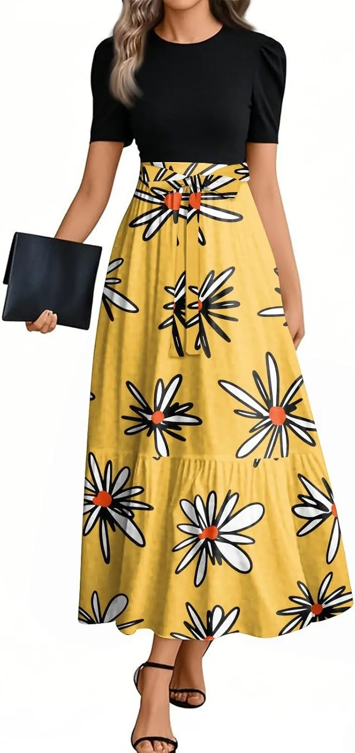 Church Dresses for Women Summer Short Sleeve Floral Long Dress Elegant Party Cocktail A Line Flowy Maxi Dress