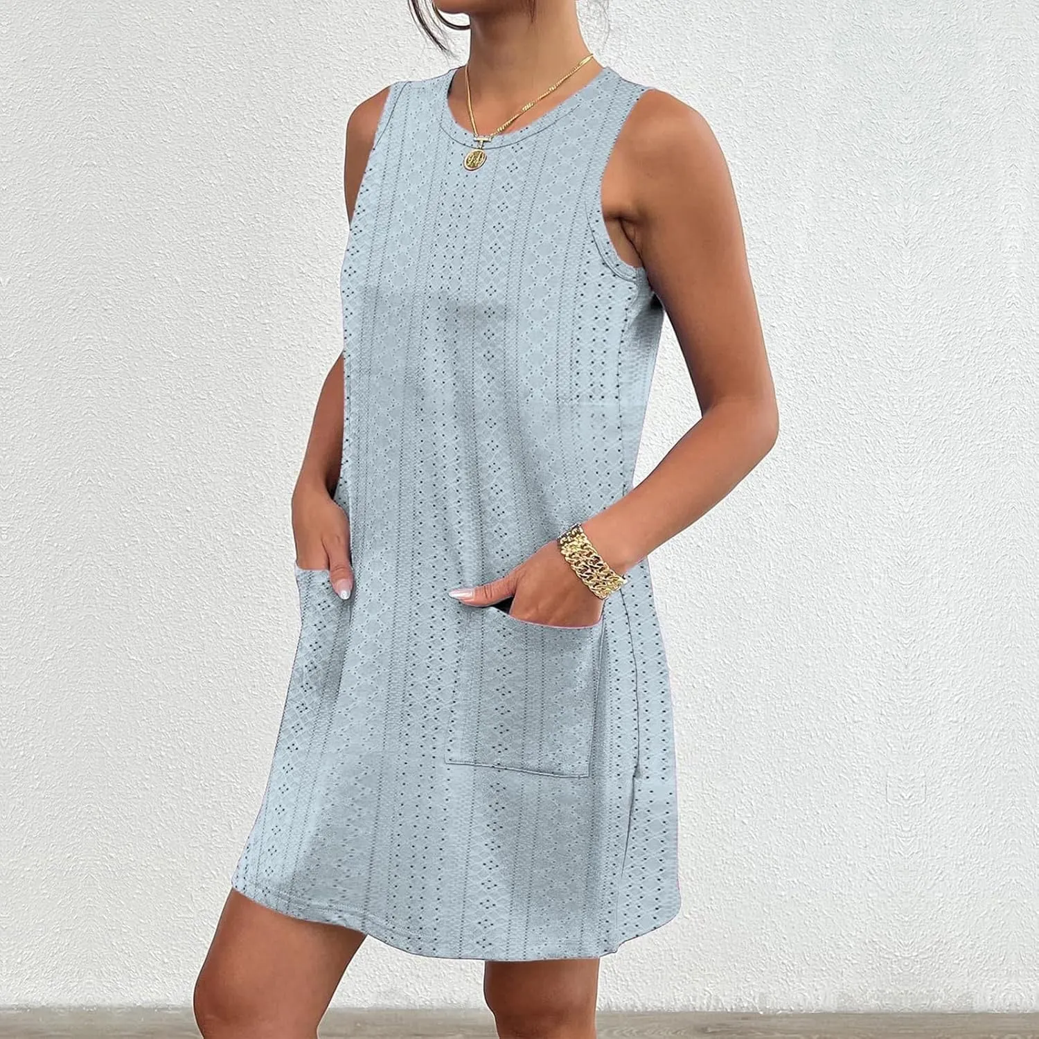 Coverup Summer Dresses for Women Fashion Mini Dress Breathable Eyelet Sleeveless Tank Dress A Line Dresses with Pockets