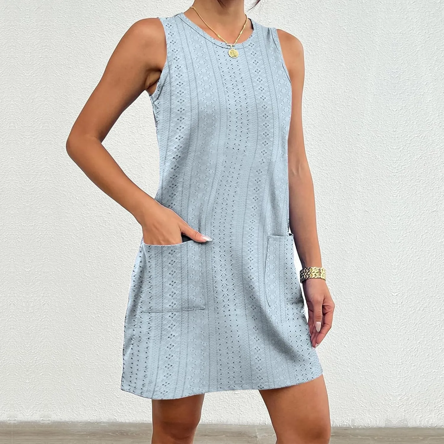 Coverup Summer Dresses for Women Fashion Mini Dress Breathable Eyelet Sleeveless Tank Dress A Line Dresses with Pockets