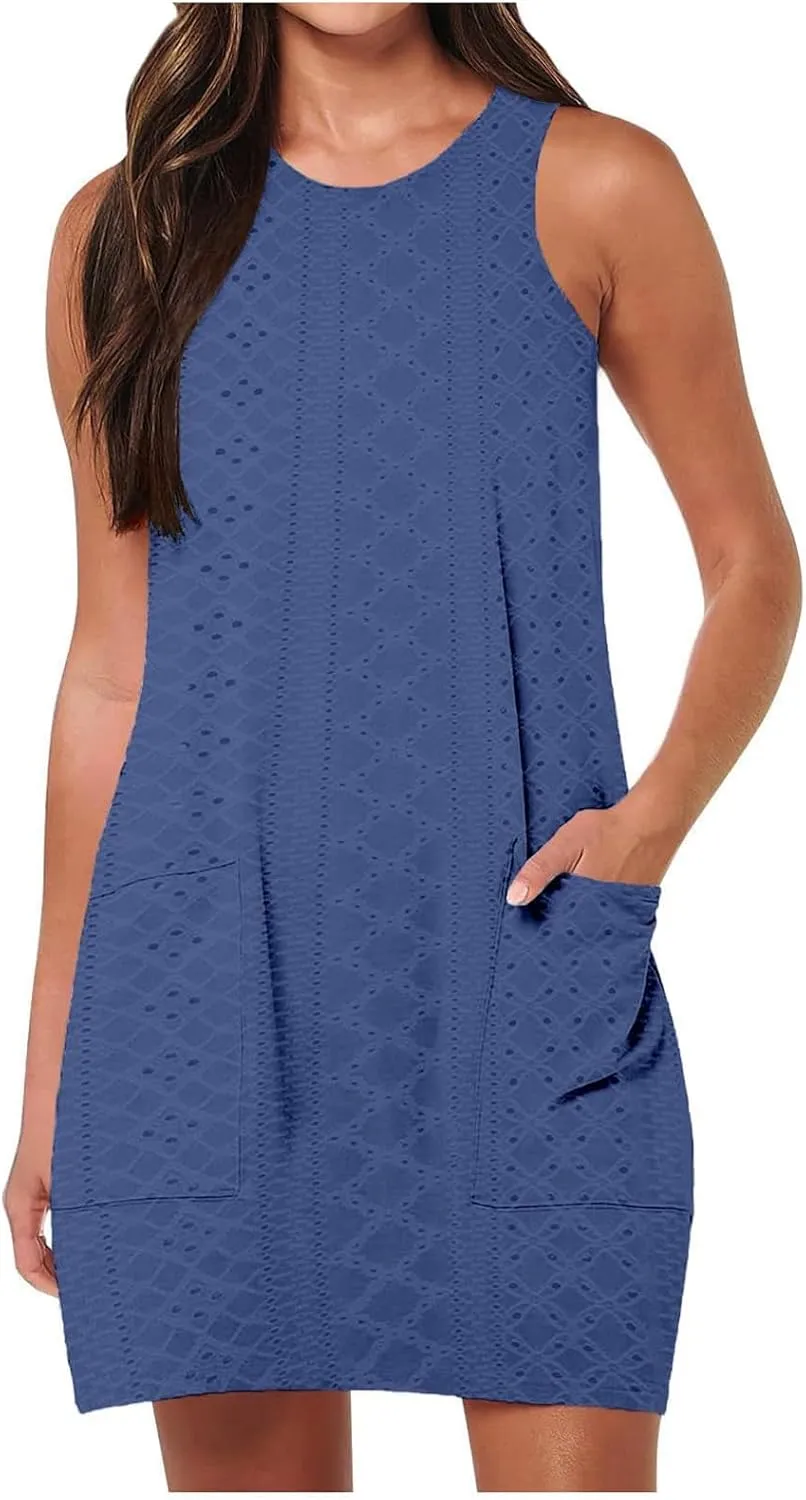 Coverup Summer Dresses for Women Fashion Mini Dress Breathable Eyelet Sleeveless Tank Dress A Line Dresses with Pockets
