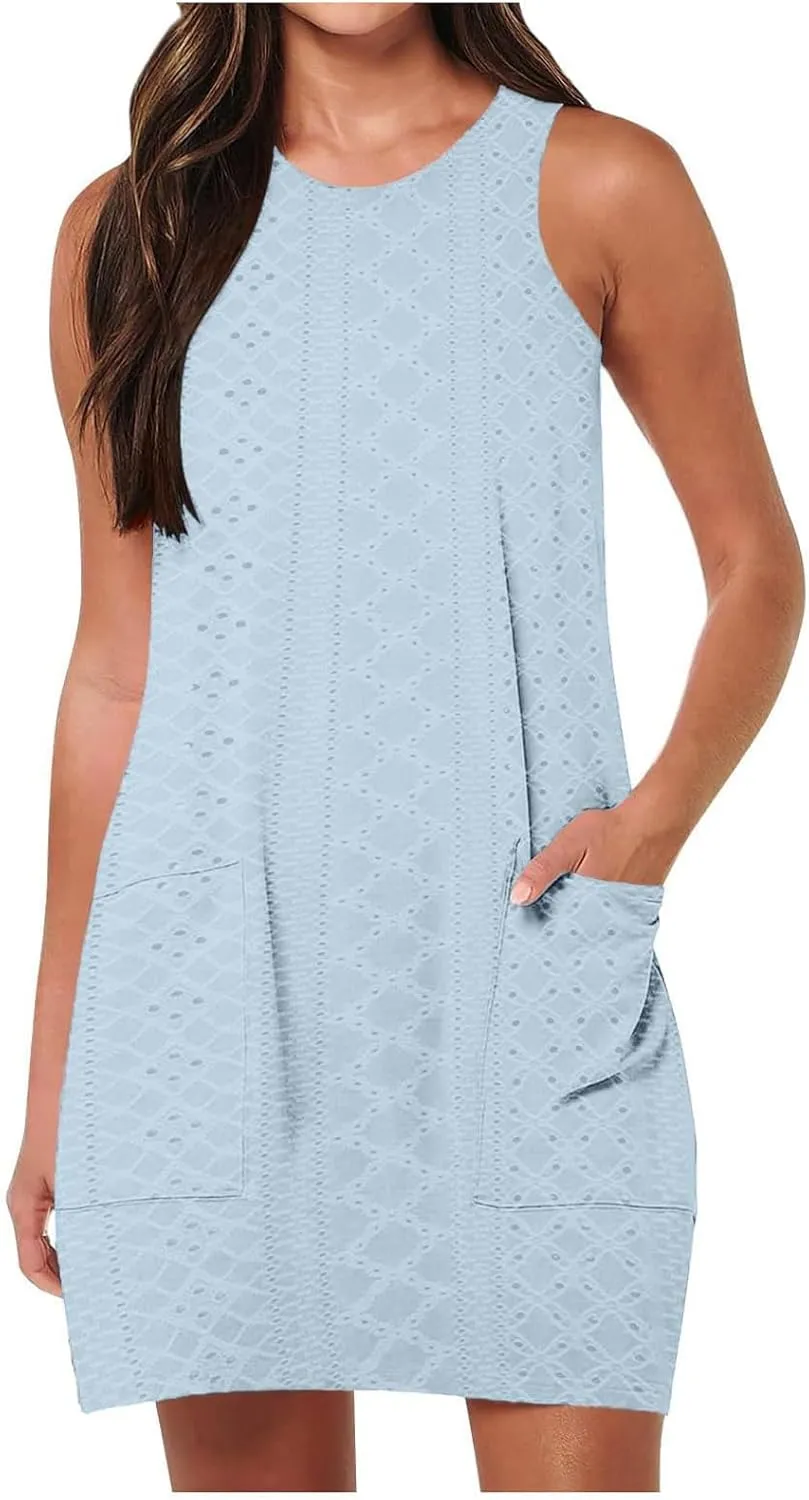 Coverup Summer Dresses for Women Fashion Mini Dress Breathable Eyelet Sleeveless Tank Dress A Line Dresses with Pockets