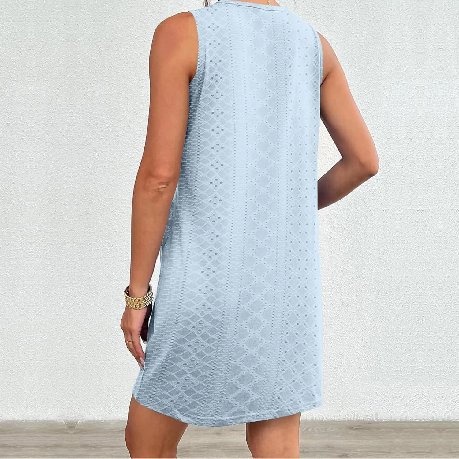 Coverup Summer Dresses for Women Fashion Mini Dress Breathable Eyelet Sleeveless Tank Dress A Line Dresses with Pockets