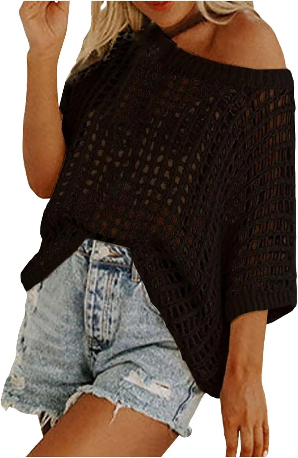 Crochet Tops for Women Summer Scoop Neck Off Shoulder Sweater Beach Coverup Short Sleeve Hollow Out Knit Pullover Top