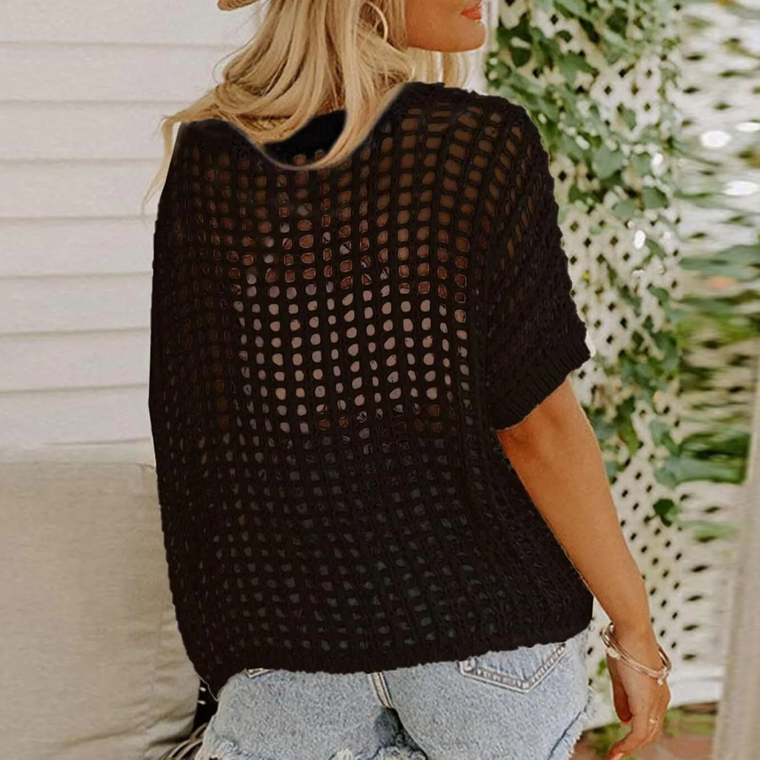 Crochet Tops for Women Summer Scoop Neck Off Shoulder Sweater Beach Coverup Short Sleeve Hollow Out Knit Pullover Top