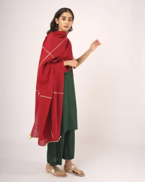 Dark Green Kurta Set With Crimson Dupatta