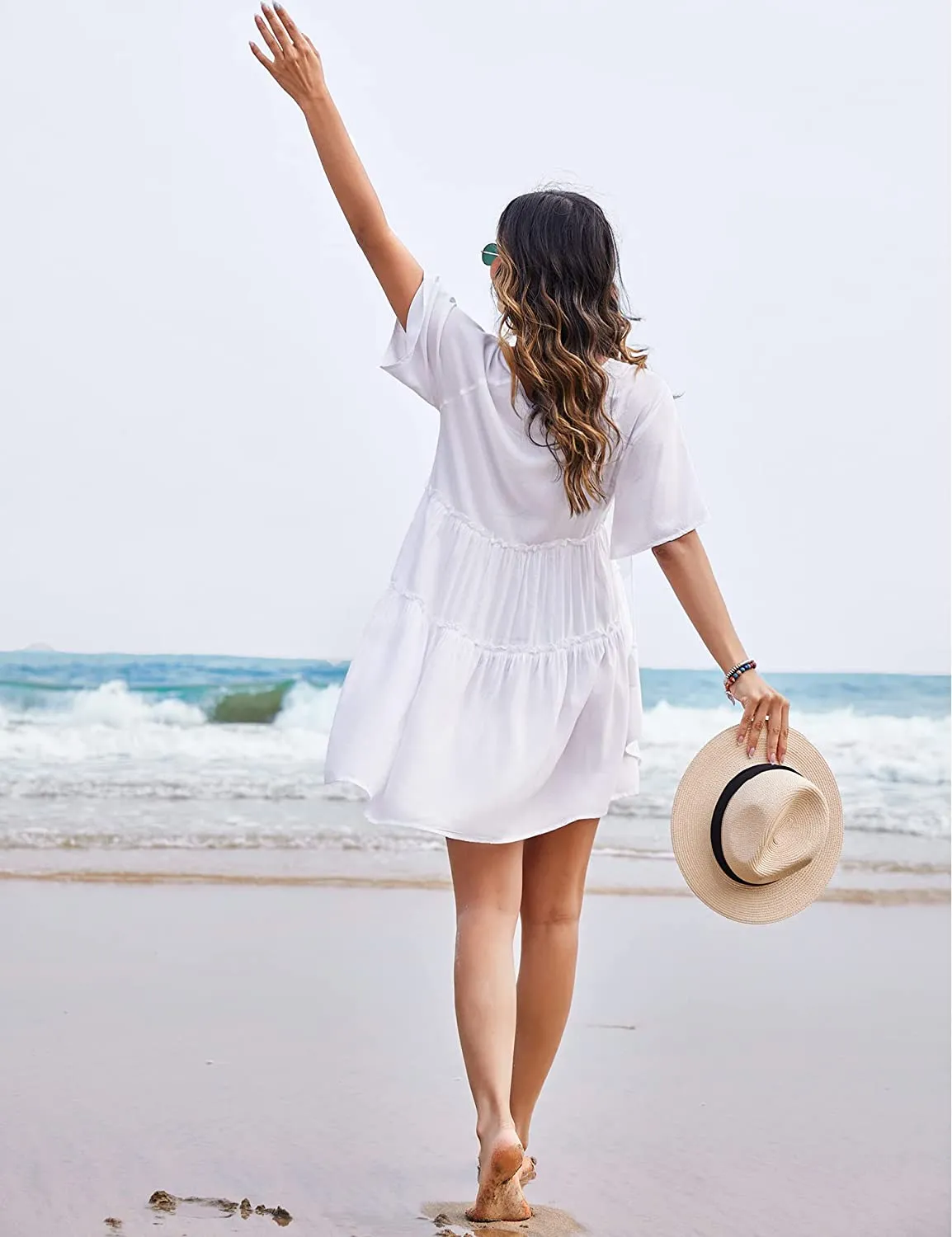 Divina White Summer Pleated Bathing Suit Cover Ups